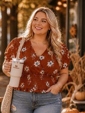 Paper Crane Rust Floral Boho Top Smocked Waist Fall Blouse Medium